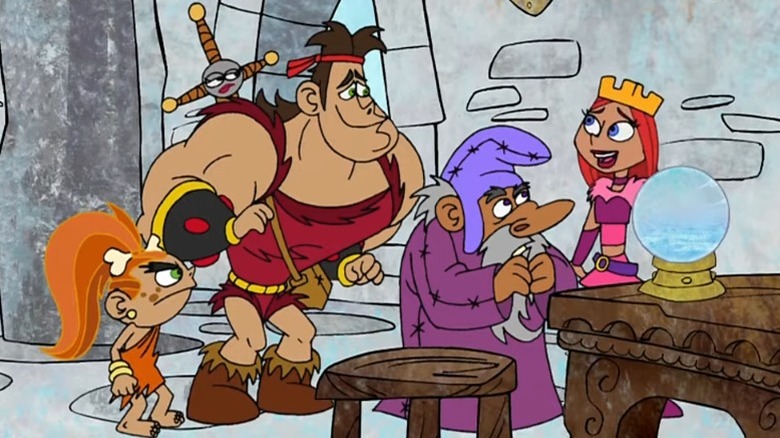 Fang, Lula, Dave, Uncle Oswidge, and Candy standing before the crystal ball on Dave the Barbarian S1E3
