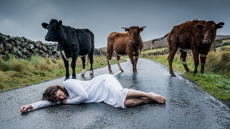 Ruth Wilson as Lorna laying on the ground in front of cows in The Woman in the Wall