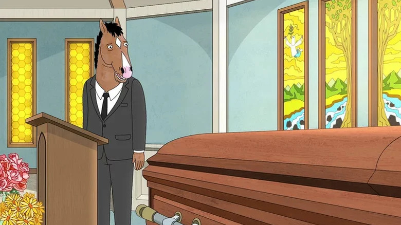 BoJack Horseman (Will Arnett) stands by a coffin in BoJack Horseman
