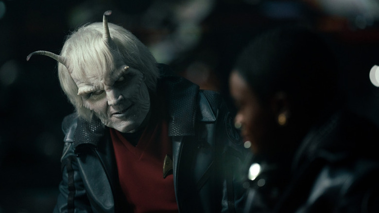 Hemmer (Bruce Horak) smiles at Nyota Uhura (Celia Rose Gooding) in Star Trek: Strange New Worlds
