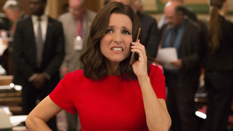 Selina Meyer cringing on the phone in Veep