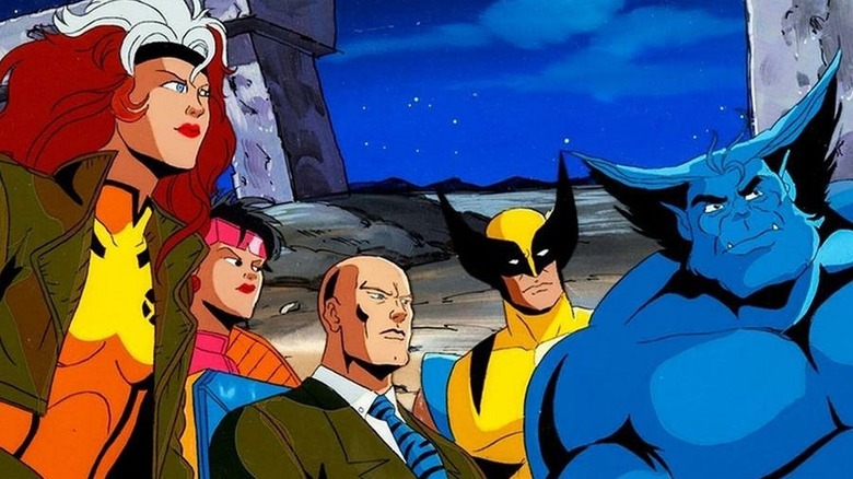Rogue, Jubilee, Professor X, Wolverine, and Beast standing together in X-Men the Animated Series
