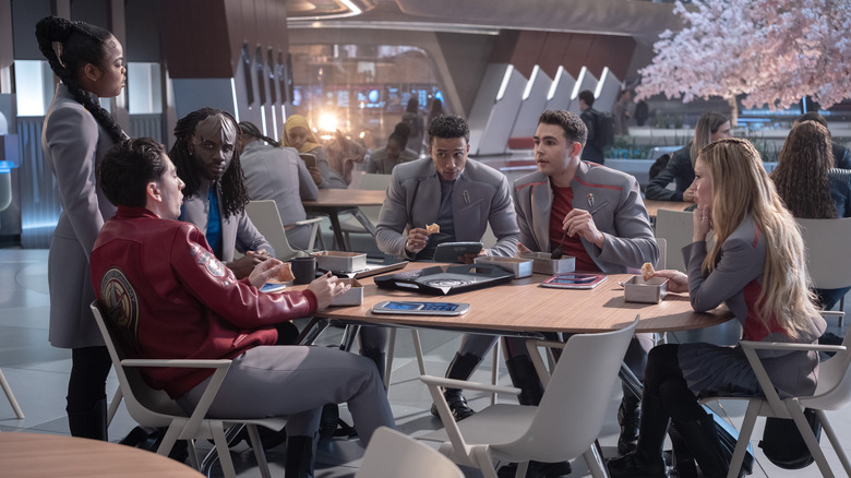 Kerrice Brooks as SAM tests Sisko's New Orleans recipes on fellow cadets --  Romeo Carere as Ocam, Karim Dianéas Jay-Den, Sandro Rosta as Caleb, George Hawkins as Darem and Bella Shepard as Genesis -- in Starfleet Academy