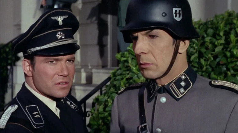 William Shatner as Kirk and Leonard Nimoy as Spock wearing Nazi uniforms on Star Trek