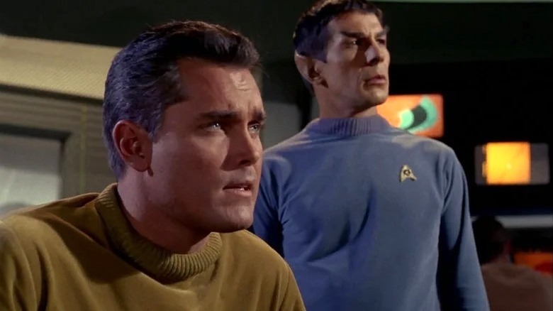 Jeffrey Hunter's Christopher Pike speaking to Leonard Nimoy's Spock in Star Trek