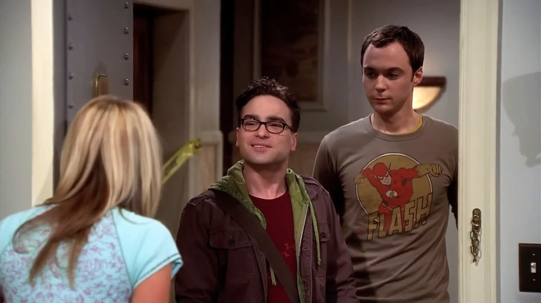 Johnny Galecki's Leonard Hofstadter and Jim Parsons' Sheldon Cooper speaking to Kaley Cuoco's Penny in The Big Bang Theory