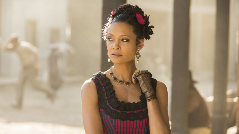 Maeve Millay (Thandiwe Newton) standing outside in Westworld