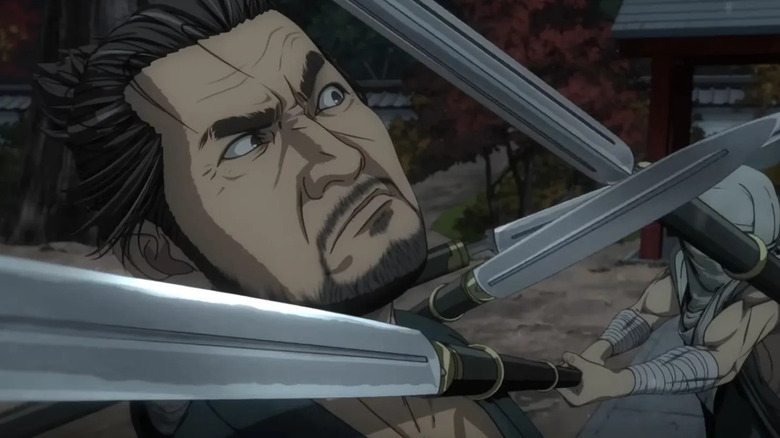 Musashi Miyamoto eyes blades around him in Onimusha