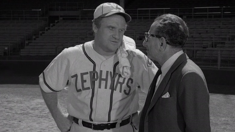 McGarry (Jack Warden) speaks to Stillman (Abraham Sofaer) on a baseball field in The Twilight Zone (1959)