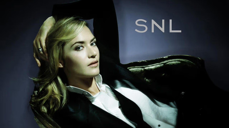 Kate Winslet wearing a suit in a bumper for SNL