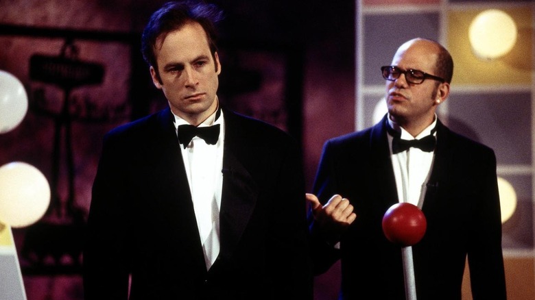 Bob Odenkirk and David Cross wearing tuxedos on Mr. Show w/ Bob & David