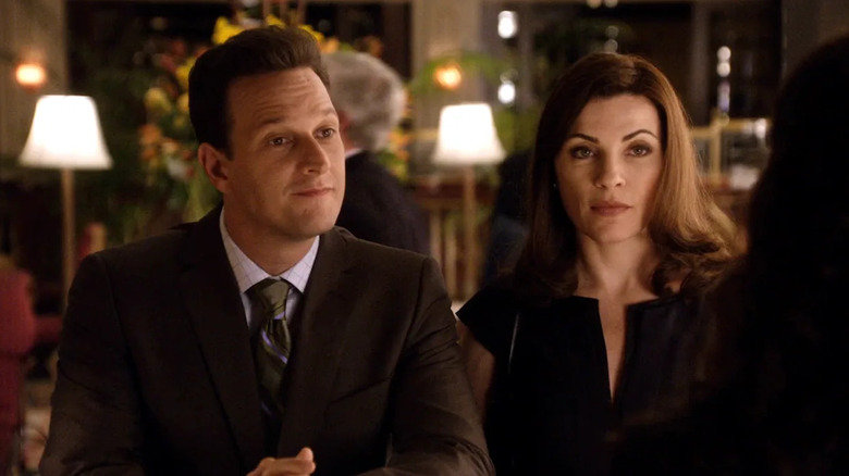 Will Gardner (Josh Charles) and Alicia Florrick (Julianna Margulies) sit together in a fancy lounge on The Good Wife