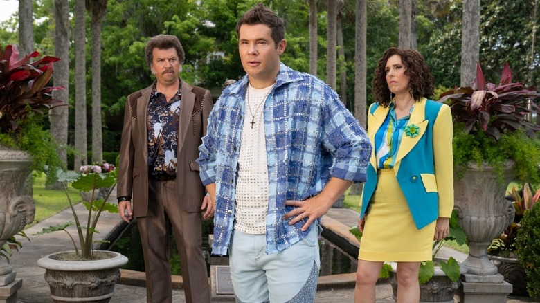 Danny McBride's Jesse, Adam DeVine's Kelvin and Edi Patterson's Judy Gemstone standing together on The Righteous Gemstones