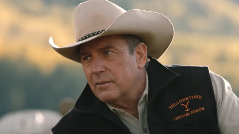 Kevin Costner's John Dutton III looking to the side on Yellowstone