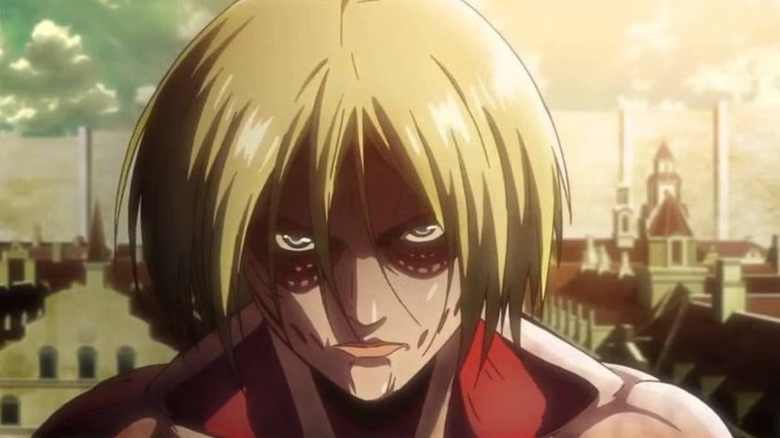 Female Titan with city in background on Attack on Titan