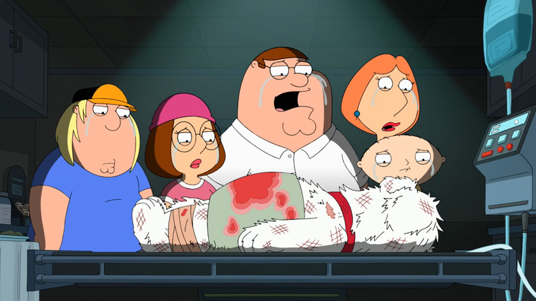 The Griffins crying over Brian's dead body on Family Guy
