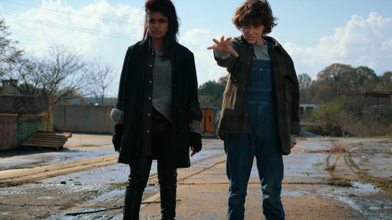 Eleven (Millie Bobby Brown) using her powers with Kali (Linnea Berthelsen) on Stranger Things