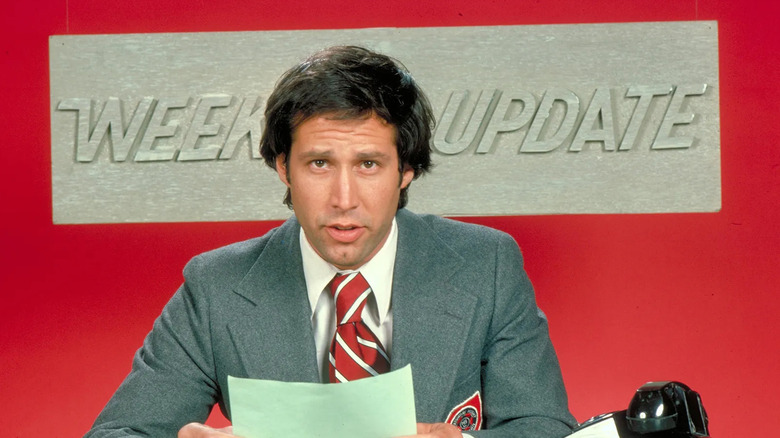Chevy Chase delivers the Weekend Update on Saturday Night Live