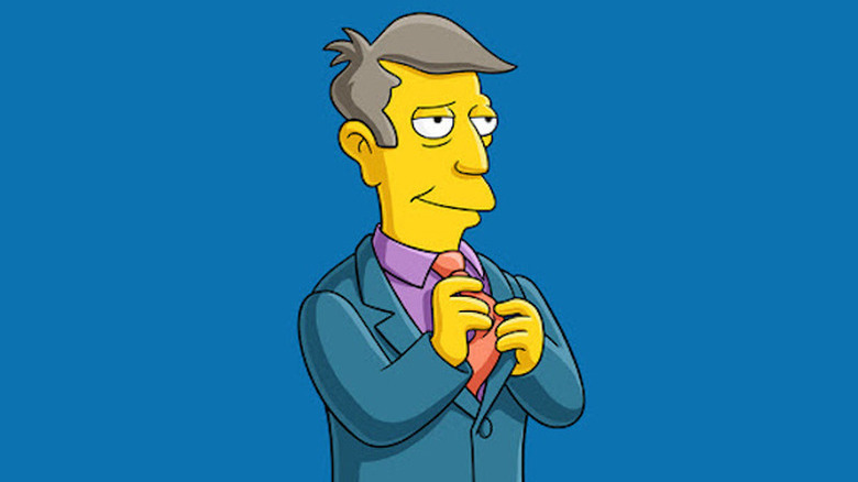 Principal skinner in blue suit fixing tie in The Simpsons