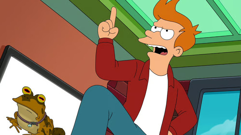 Fry holding up a finger next to a frog in Futurama