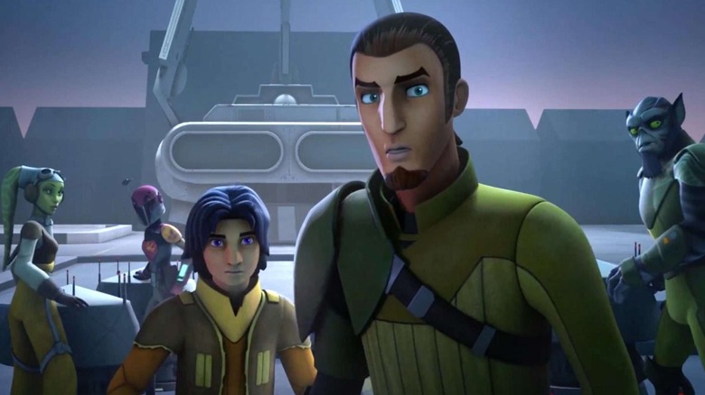 Hera, Sabine, and Zeb turning towards Ezra and Kanan looking concerned in Star Wars Rebels