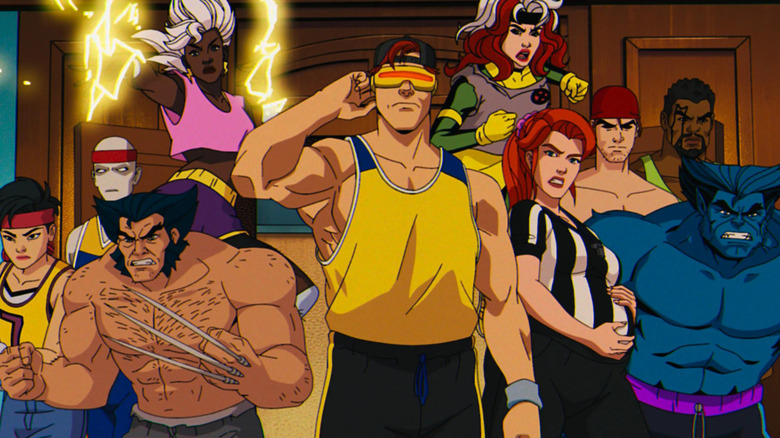 Jubilee, Morph, Wolverine, Storm, Cyclops, Rogue, Jean Grey, Gambit, Bishop, and Beast in athletic garb in X-Men 97