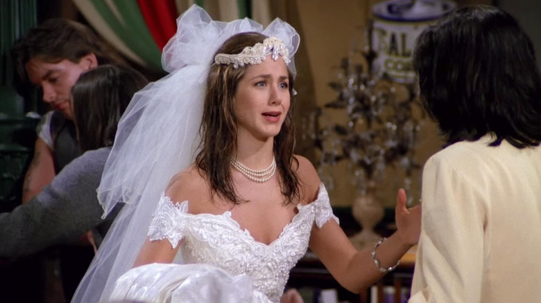 Jennifer Aniston as Rachel Green wearing a wedding dress in Friends