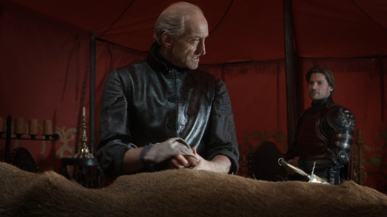 Charles Dance as Tywin Lannister talking to his son Jaime (Nikolaj Coster-Waldau) in Game of Thrones