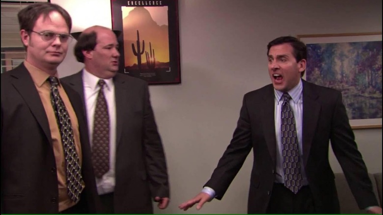 Rainn Wilson, Brian Baumgartner, and Steve Carell as Dwight, Kevin, and Michael in The Office