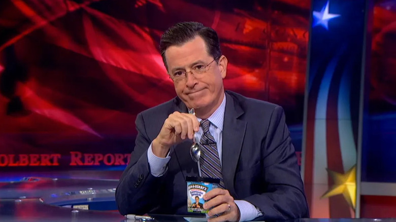 Stephen Colbert addresses the camera with his own ice cream in The Colbert Report