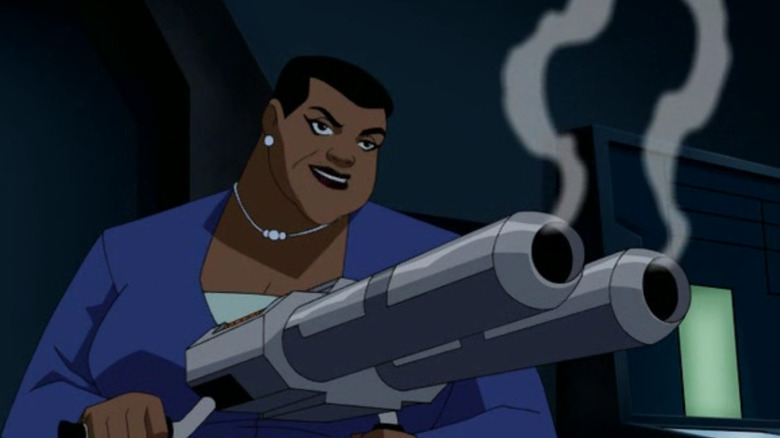 Amanda Waller wields a large gun in Justice League Unlimited.