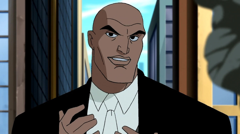 Lex Luthor smiles and adjusts his suit in Justice League Unlimited.
