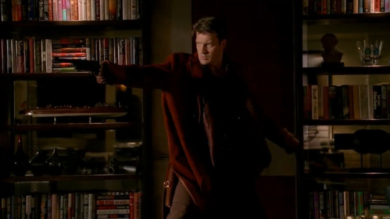 Nathan Fillion as Castle, in costume as a space cowboy that looks like Mal Reynolds from Firefly in Castle.