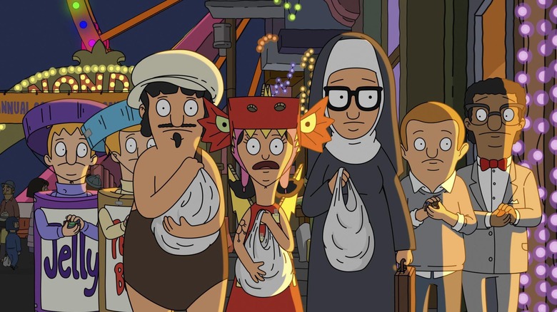The Belcher kids in costume with their friends on Bob's Burgers.