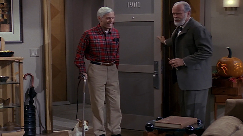 David Hyde Pierce as Niles and Kelsey Grammer as Frasier, in costume as Martin Crane and Freud in Frasier.