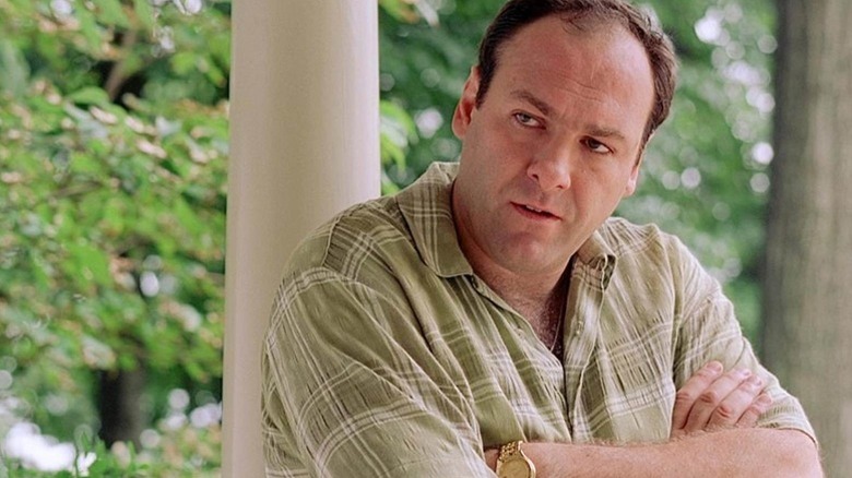 Tony Soprano (James Gandolfini) stands angry with his arms crossed on The Sopranos