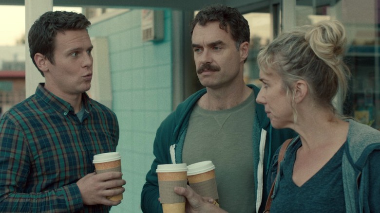 Patrick, Dom, and Doris standing together and holding coffee cups on Looking S2E7