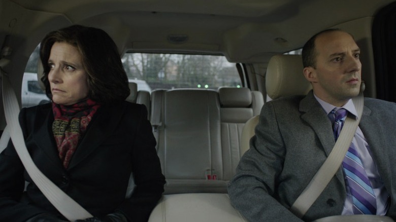 Selina and Gary sitting in the back of the car on Veep S3E7