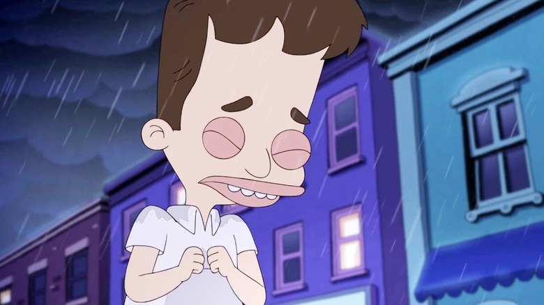Nick Birch (Nick Kroll) stands in the pouring rain in Big Mouth