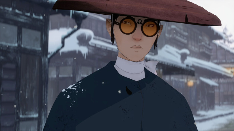 Mizu (Maya Erskine) stands warily in the snow in Blue Eye Samurai