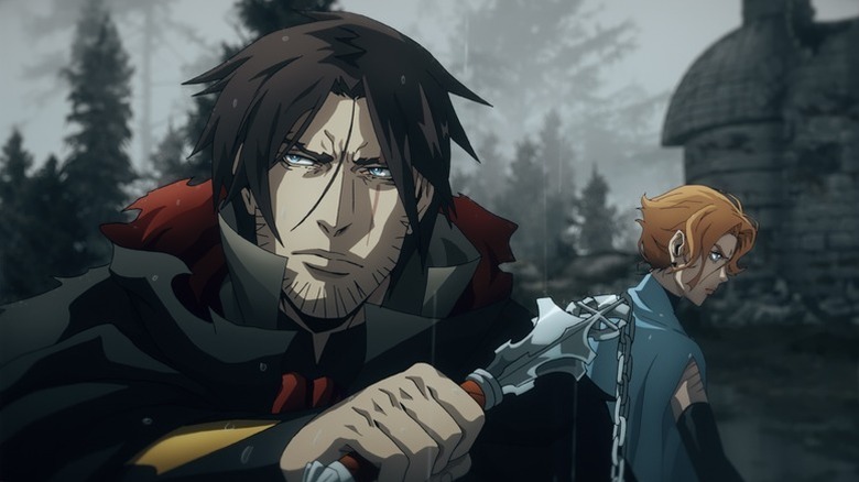 Trevor Belmont (Richard Armitage) readies his flail next to Sypha Belnades (Alejandra Reynoso) in Castlevania