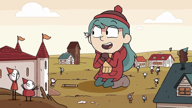 Hilda (Bella Ramsey) is surrounded by tiny elves in Hilda