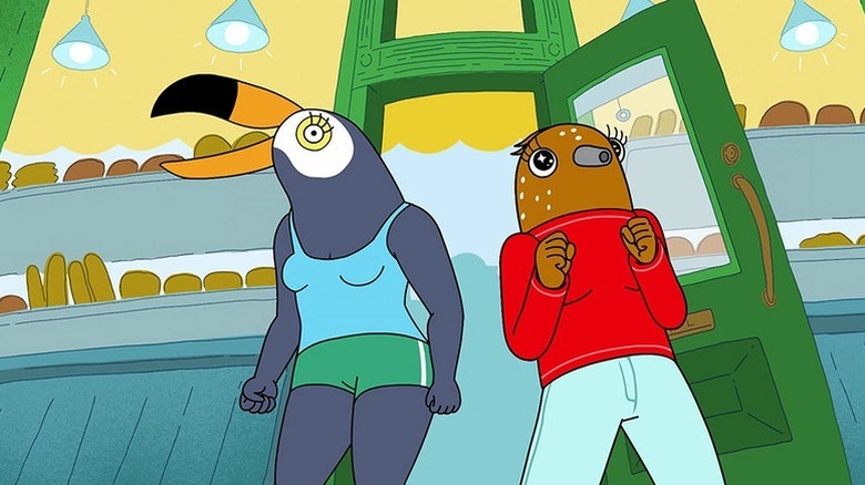Tuca Toucan (Tiffany Haddish) and Bertie Songthrush (Ali Wong) enter a bakery in Tuca & Bertie