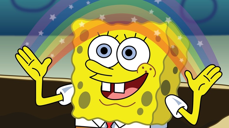 Sponge Bob creates a rainbow with his hands in SpongeBob SquarePants.
