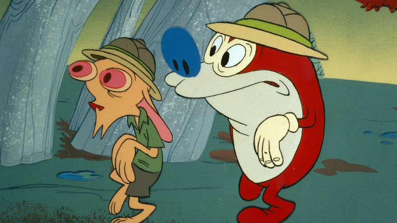 Ren and Stimpy tiptoe through the forest in The Ren and Stimpy Show.