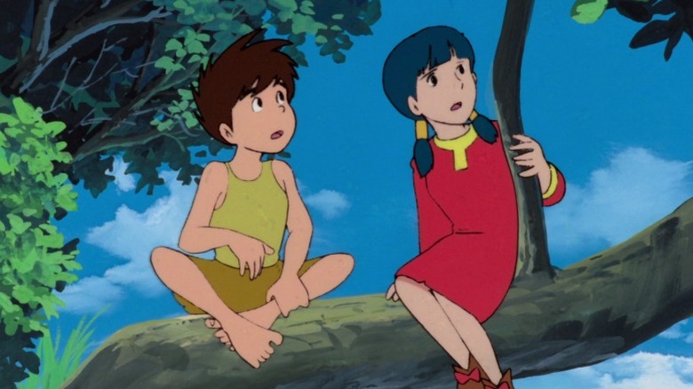 Conan and Lana sitting on a tree branch and looking up on Future Boy Conan S1E1