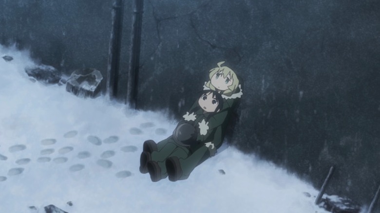 Chito lying in Yuuri's arms while both look up on Girls' Last Tour S1E1