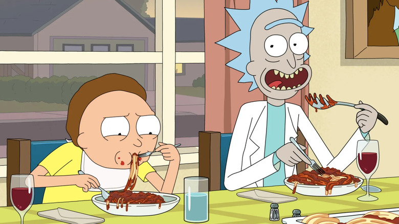 Rick and Morty enjoy some spaghetti