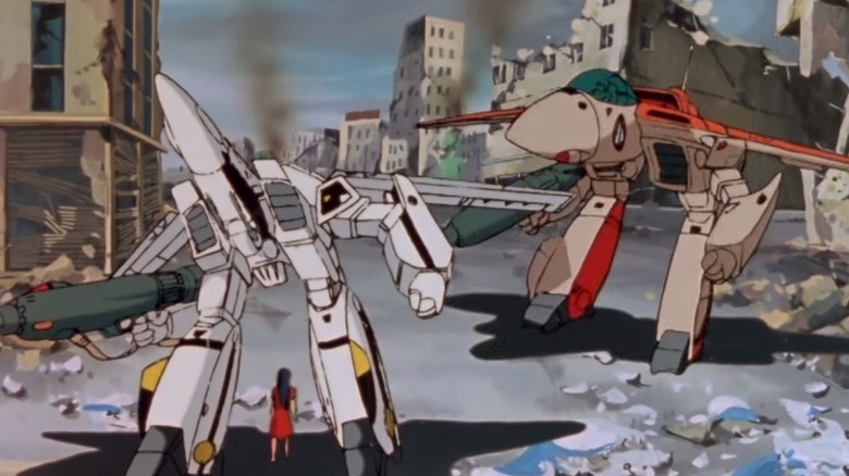 Fighter jets transform into Gerwalk mode for a ground mission in Robotech