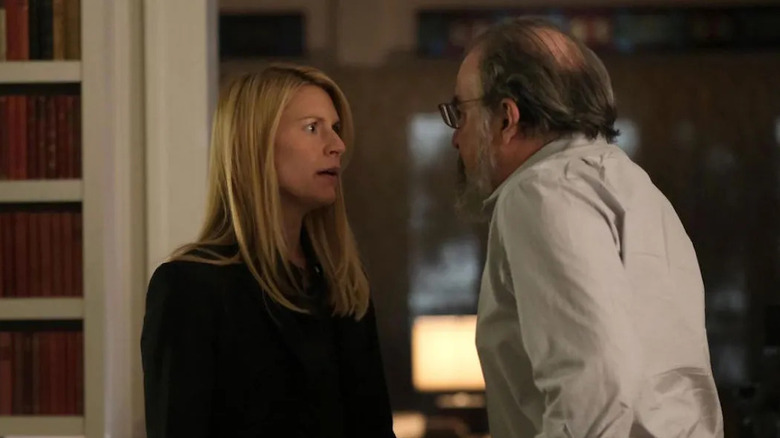Claire Danes as Carrie Mathison and Mandy Patinkin as Saul Berenson, confronting each other in Homeland.